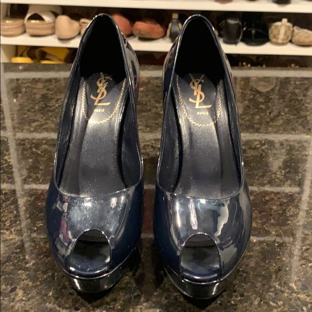 YSL Tribtoo Peep Toe Pumps Blue Patent Leather